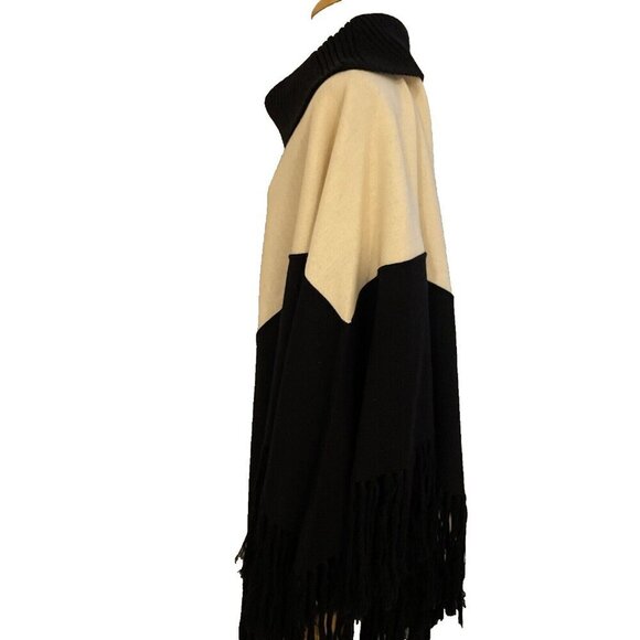 Fiore Bella Cowl Neck Poncho Women's M Cream/Black Merino Wool Blend Fringe Boho - Picture 4 of 10